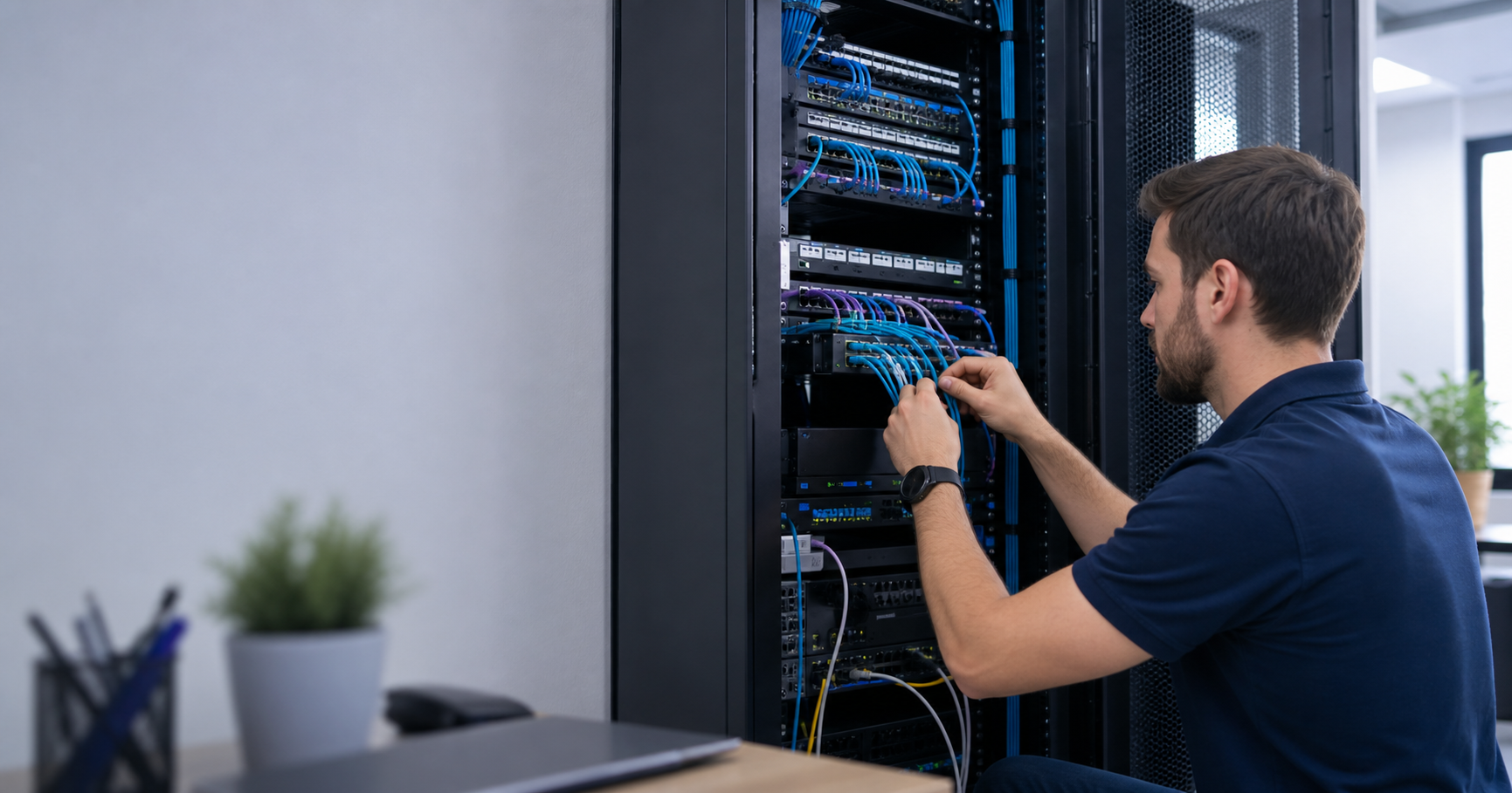 IT technician servicing network equipment